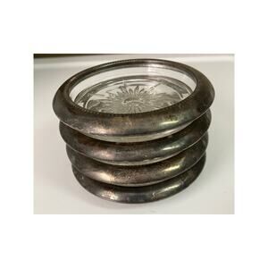 Set of 4 Leonard Silverplate & Glass Ashtrays 4"‎ Vintage Barware Coasters